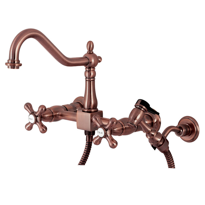 Heritage KS124AXBSAC Double-Handle 3-Hole Wall-Mount Bridge Kitchen Faucet with Brass Sprayer, Antique Copper
