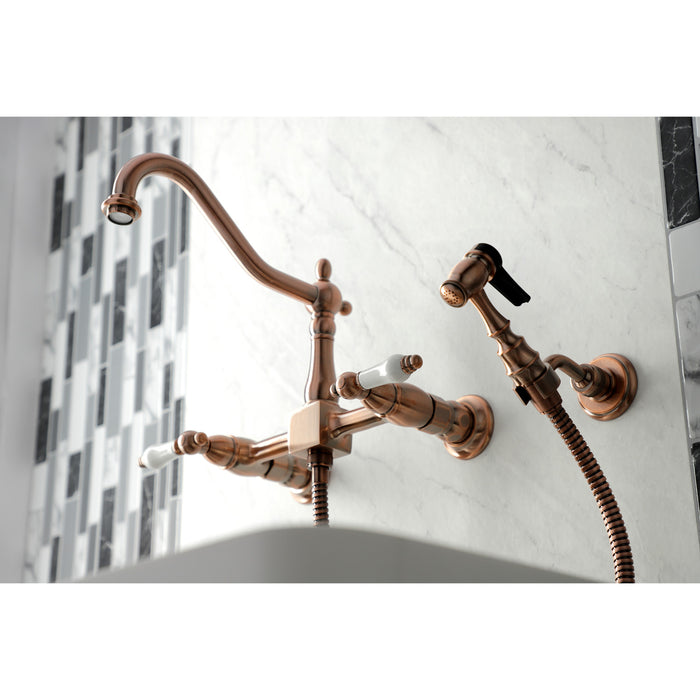 Kingston Heirloom KS124PLBSAC - Heritage Two-Handle 3-Hole Wall Mount Bridge Kitchen Faucet with Brass Sprayer, Antique Copper