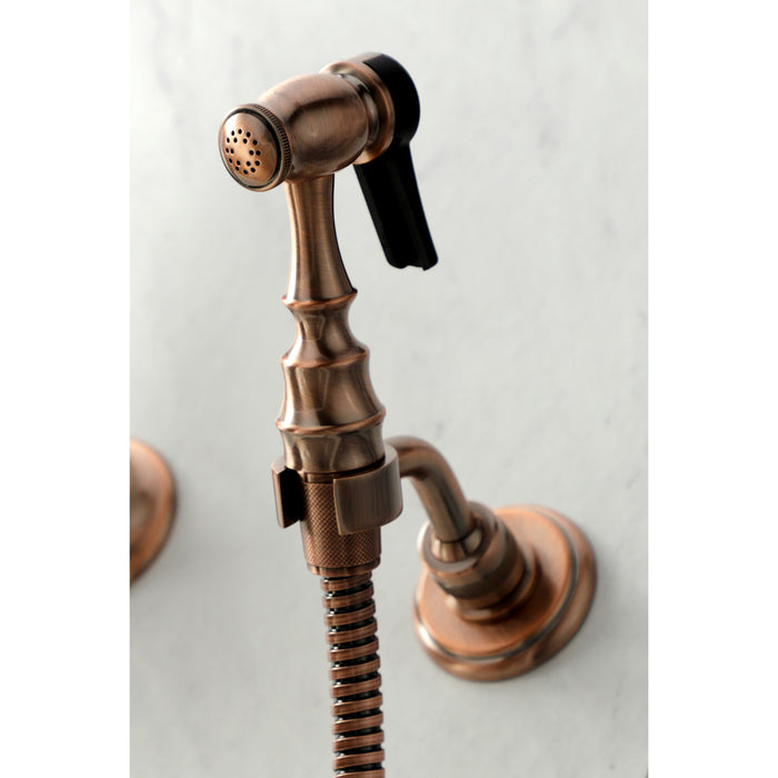 Kingston Heirloom KS124PLBSAC - Heritage Two-Handle 3-Hole Wall Mount Bridge Kitchen Faucet with Brass Sprayer, Antique Copper