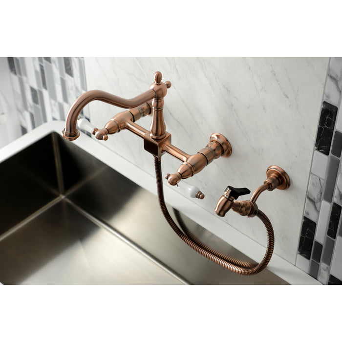 Kingston Heirloom KS124PLBSAC - Heritage Two-Handle 3-Hole Wall Mount Bridge Kitchen Faucet with Brass Sprayer, Antique Copper