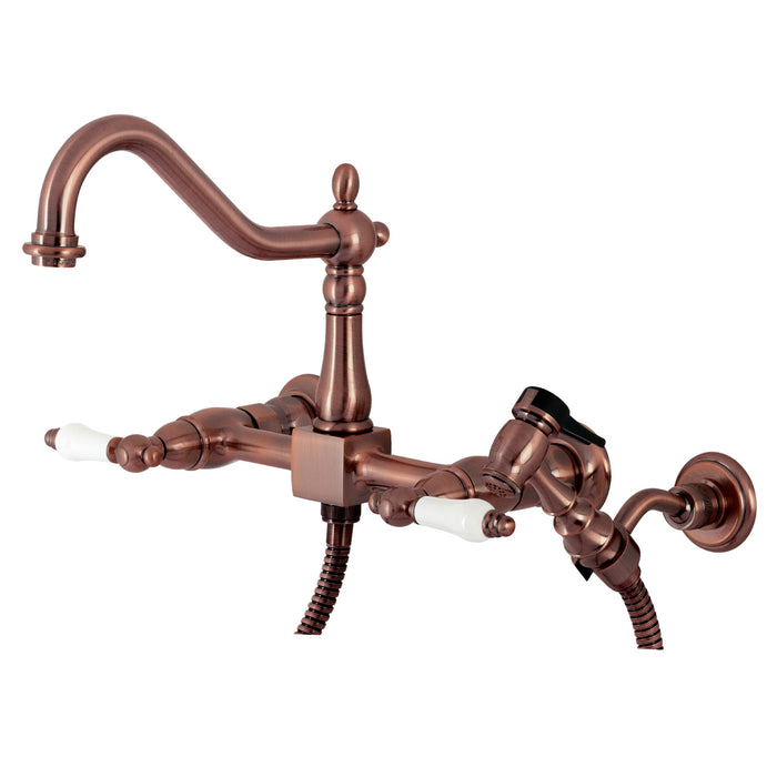 Kingston Heirloom KS124PLBSAC - Heritage Two-Handle 3-Hole Wall Mount Bridge Kitchen Faucet with Brass Sprayer, Antique Copper