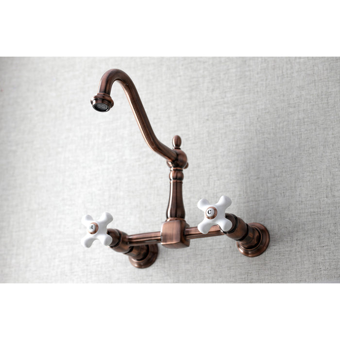 Kingston Heirloom KS124PXAC - Heritage Two-Handle 2-Hole Wall Mount Bridge Kitchen Faucet, Antique Copper