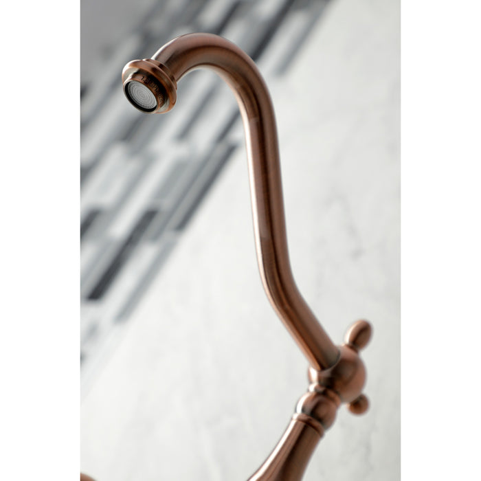 Kingston Heirloom KS124PXBSAC - Heritage Two-Handle 3-Hole Wall Mount Bridge Kitchen Faucet with Brass Sprayer, Antique Copper
