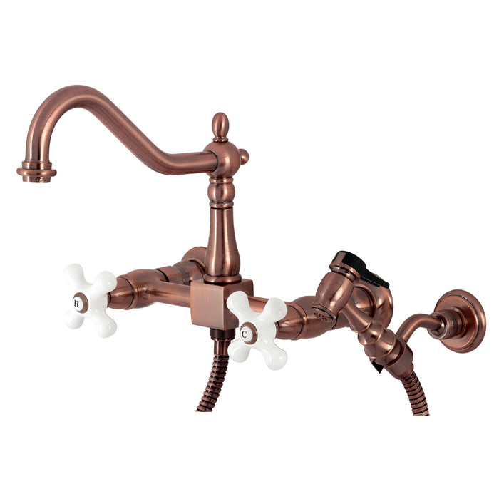 Kingston Heirloom KS124PXBSAC - Heritage Two-Handle 3-Hole Wall Mount Bridge Kitchen Faucet with Brass Sprayer, Antique Copper