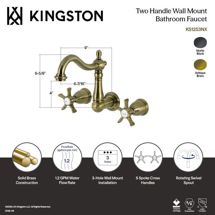 Kingston Heirloom KS1250NX - Hamilton Double-Handle 3-Hole Wall Mount Bathroom Faucet, Matte Black