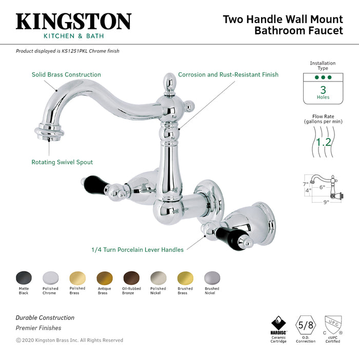 Kingston Heirloom KS1250PKL - Duchess Double-Handle 3-Hole Wall Mount Bathroom Faucet, Matte Black