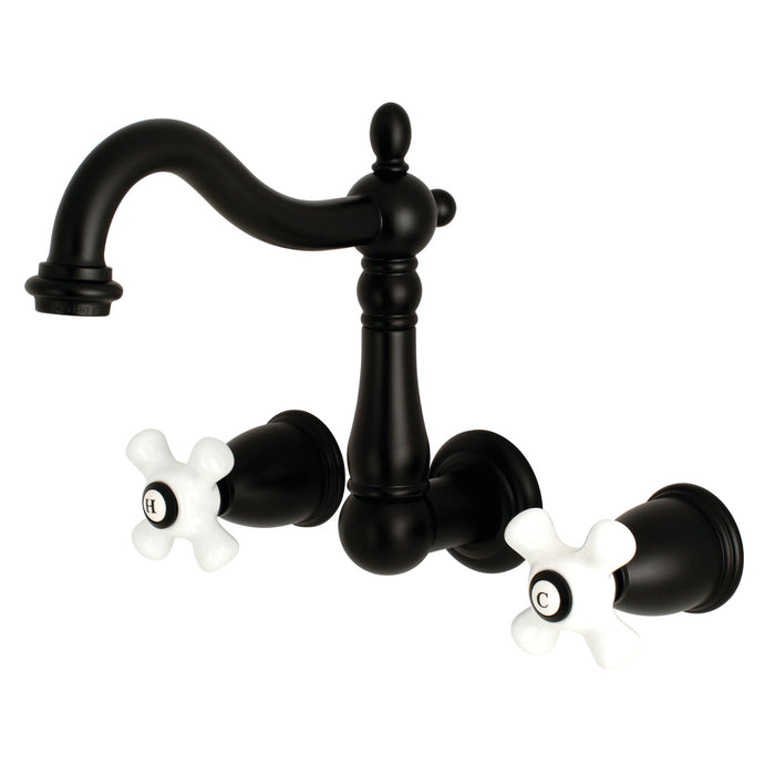 Kingston Heirloom KS1250PX - Heritage Double-Handle 3-Hole Wall Mount Bathroom Faucet, Matte Black