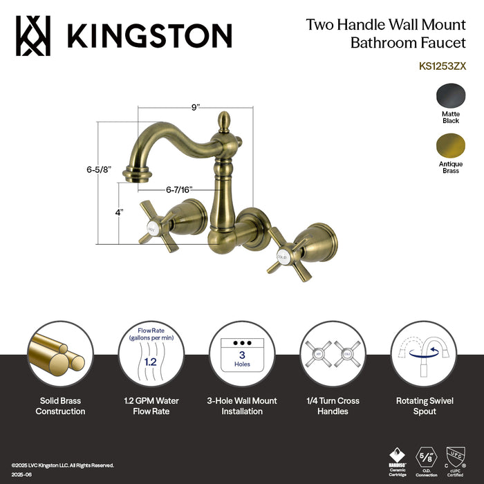 Kingston Heirloom KS1250ZX - Millennium Double-Handle 3-Hole Wall Mount Bathroom Faucet, Matte Black