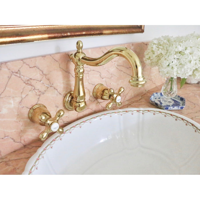 Kingston Heirloom KS1252AX - Heritage Double-Handle 3-Hole Wall Mount Bathroom Faucet, Polished Brass