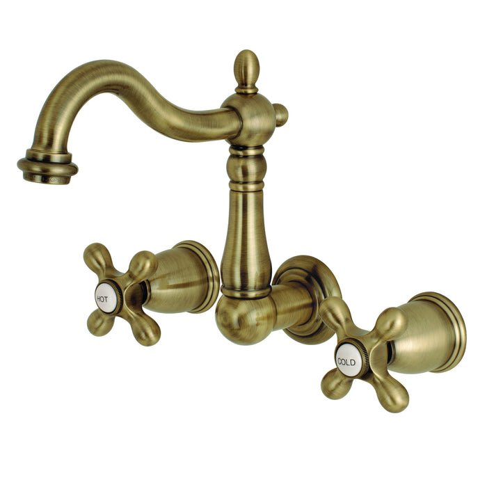 Kingston Heirloom KS1253AX - Heritage Double-Handle 3-Hole Wall Mount Bathroom Faucet, Antique Brass