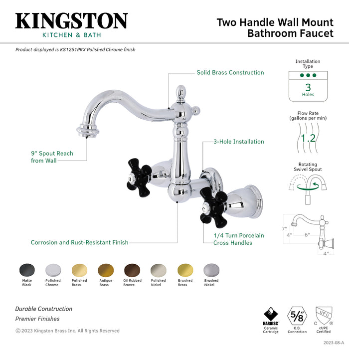 Kingston Heirloom KS1253PKX - Duchess Double-Handle 3-Hole Wall Mount Bathroom Faucet, Antique Brass