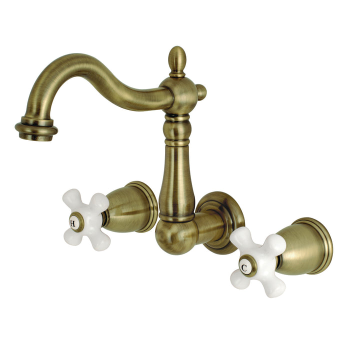 Kingston Heirloom KS1253PX - Heritage Double-Handle 3-Hole Wall Mount Bathroom Faucet, Antique Brass