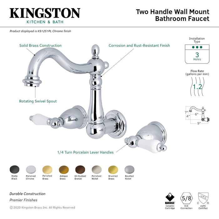 Kingston Heirloom KS1255PL - Heritage Double-Handle 3-Hole Wall Mount Bathroom Faucet, Oil Rubbed Bronze