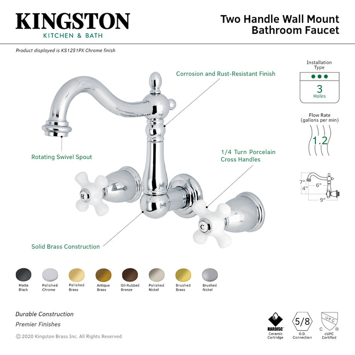Kingston Heirloom KS1255PX - Heritage Double-Handle 3-Hole Wall Mount Bathroom Faucet, Oil Rubbed Bronze