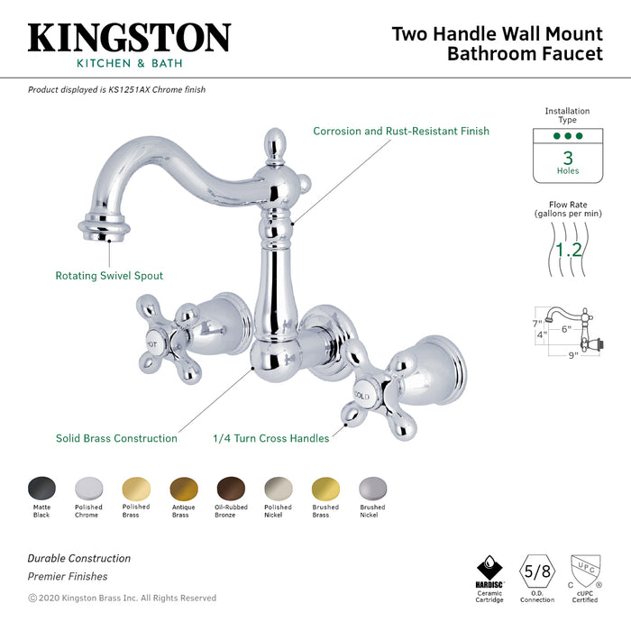 Kingston Heirloom KS1256AX - Heritage Double-Handle 3-Hole Wall Mount Bathroom Faucet, Polished Nickel