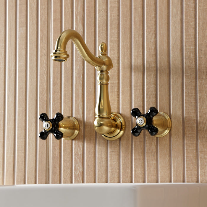 Kingston Heirloom KS1257PKX - Duchess Double-Handle 3-Hole Wall Mount Bathroom Faucet, Brushed Brass