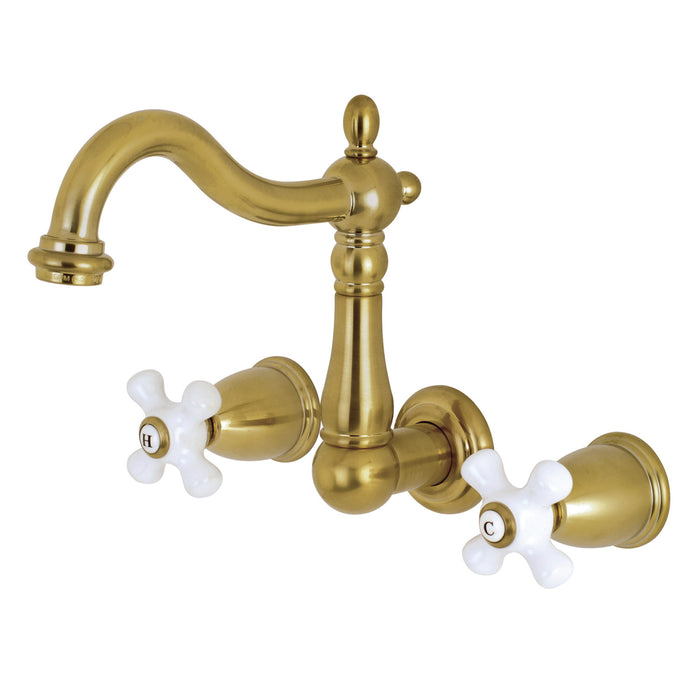 Kingston Heirloom KS1257PX - Heritage Double-Handle 3-Hole Wall Mount Bathroom Faucet, Brushed Brass