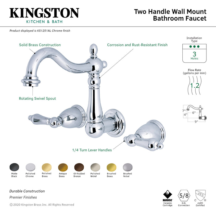 Kingston Heirloom KS1258AL - Heritage Double-Handle 3-Hole Wall Mount Bathroom Faucet, Brushed Nickel