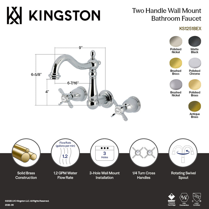Kingston Heirloom KS1258BEX - Essex Double-Handle 3-Hole Wall Mount Bathroom Faucet, Brushed Nickel