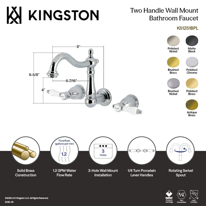 Kingston Heirloom KS1258BPL - Bel-Air Double-Handle 3-Hole Wall Mount Bathroom Faucet, Brushed Nickel