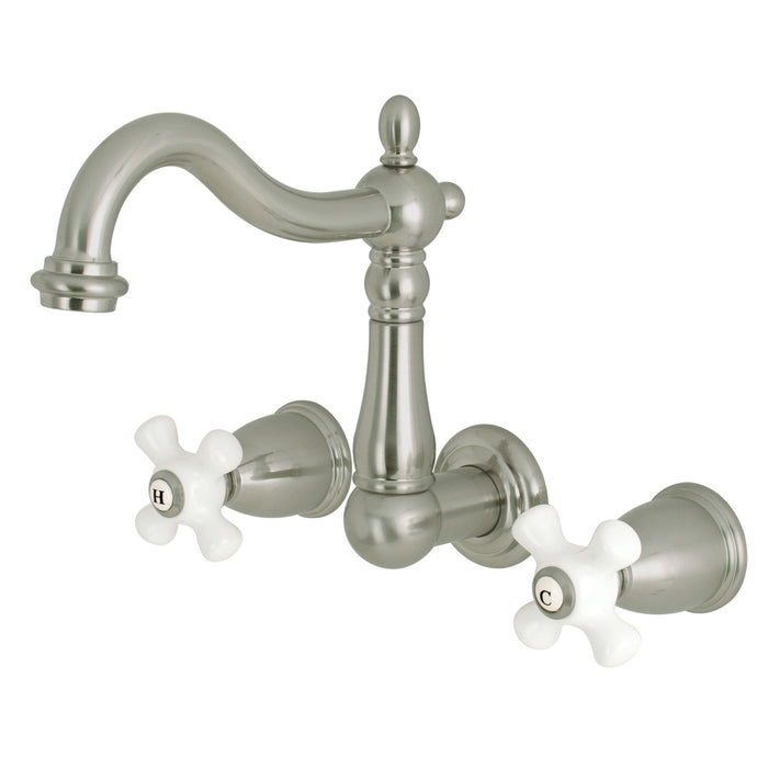 Kingston Heirloom KS1258PX - Heritage Double-Handle 3-Hole Wall Mount Bathroom Faucet, Brushed Nickel