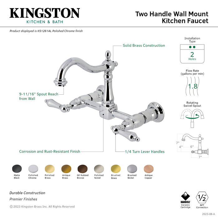 Kingston Heirloom KS1260AL - Heritage Two-Handle 2-Hole Wall Mount Bridge Kitchen Faucet, Matte Black