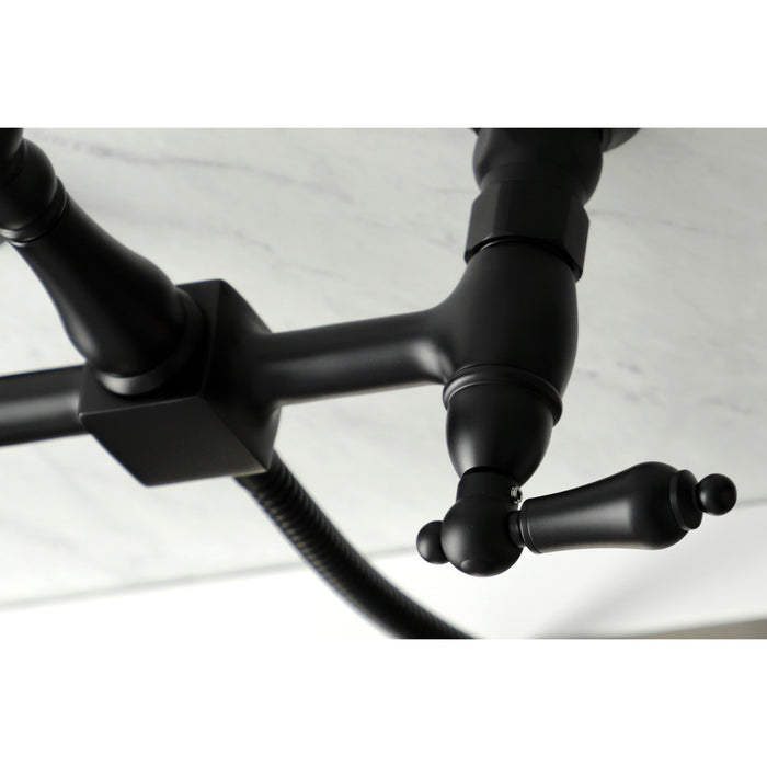 Kingston Heirloom KS1260ALBS - Heritage Two-Handle 3-Hole Wall Mount Bridge Kitchen Faucet with Brass Sprayer, Matte Black