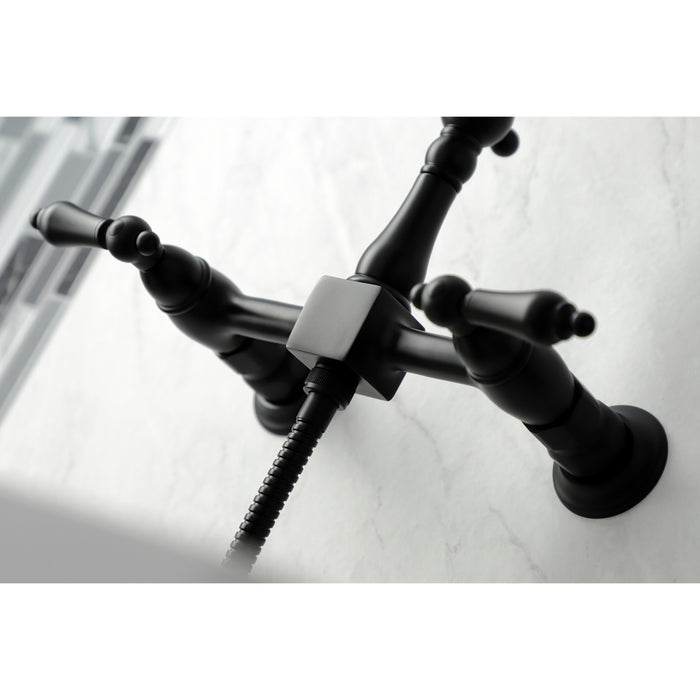 Kingston Heirloom KS1260ALBS - Heritage Two-Handle 3-Hole Wall Mount Bridge Kitchen Faucet with Brass Sprayer, Matte Black