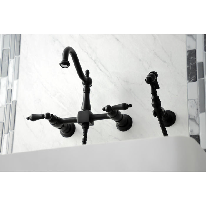 Kingston Heirloom KS1260ALBS - Heritage Two-Handle 3-Hole Wall Mount Bridge Kitchen Faucet with Brass Sprayer, Matte Black