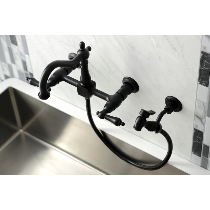 Kingston Heirloom KS1260ALBS - Heritage Two-Handle 3-Hole Wall Mount Bridge Kitchen Faucet with Brass Sprayer, Matte Black