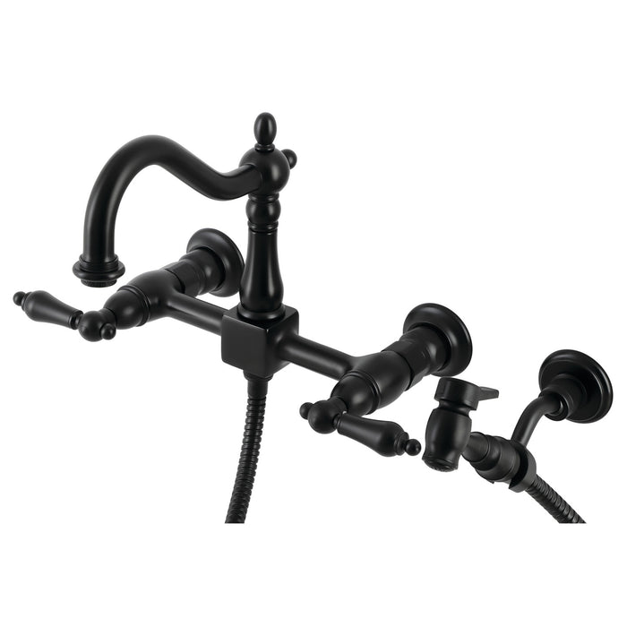 Kingston Heirloom KS1260ALBS - Heritage Two-Handle 3-Hole Wall Mount Bridge Kitchen Faucet with Brass Sprayer, Matte Black