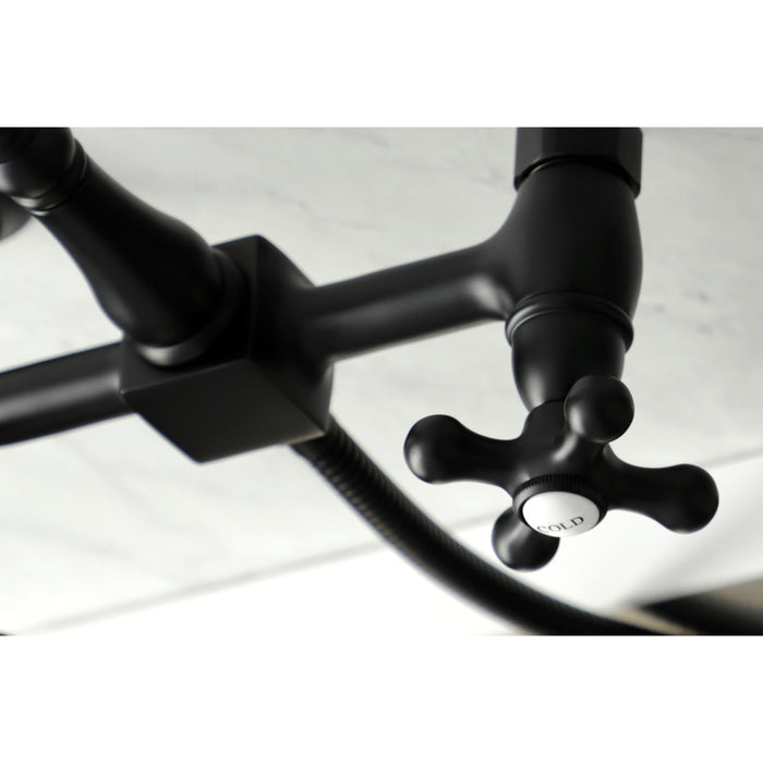 Kingston Heirloom KS1260AXBS - Heritage Two-Handle 3-Hole Wall Mount Bridge Kitchen Faucet with Brass Sprayer, Matte Black