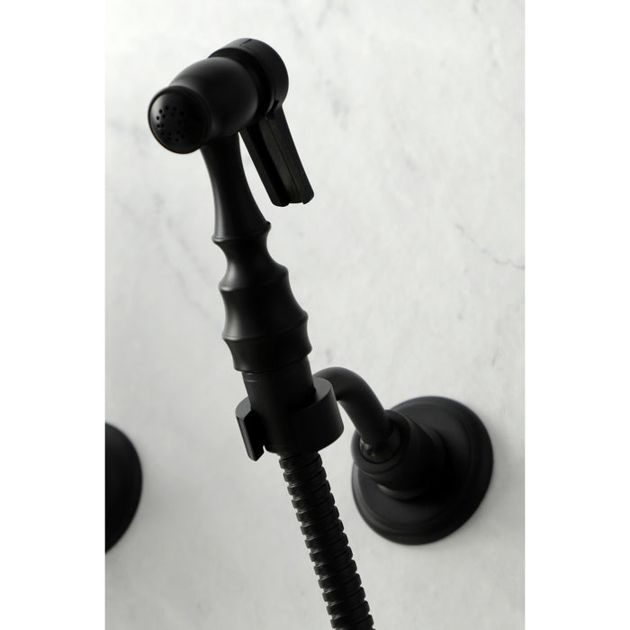Kingston Heirloom KS1260AXBS - Heritage Two-Handle 3-Hole Wall Mount Bridge Kitchen Faucet with Brass Sprayer, Matte Black