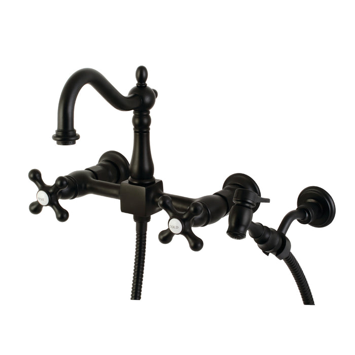 Kingston Heirloom KS1260AXBS - Heritage Two-Handle 3-Hole Wall Mount Bridge Kitchen Faucet with Brass Sprayer, Matte Black