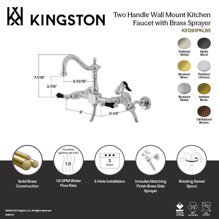 Kingston Heirloom KS1260PKLBS - Duchess Two-Handle 3-Hole Wall Mount Bridge Kitchen Faucet with Brass Sprayer, Matte Black
