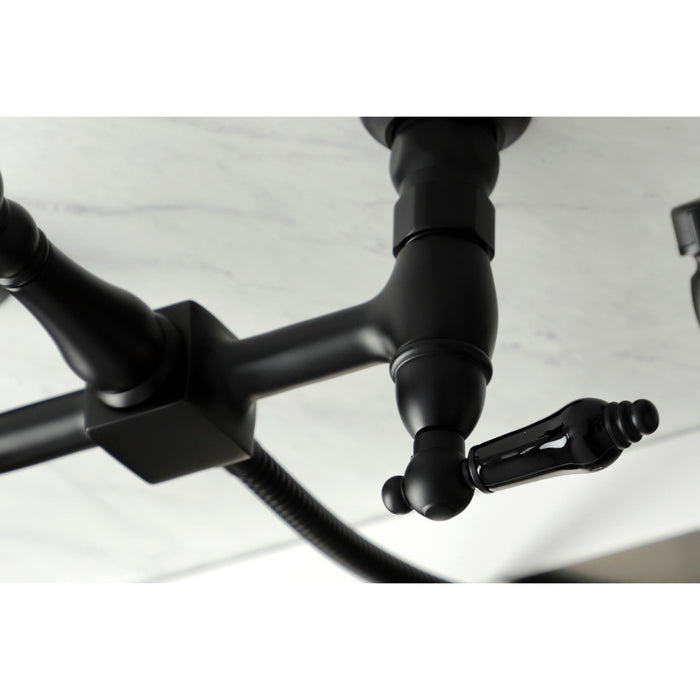 Kingston Heirloom KS1260PKLBS - Duchess Two-Handle 3-Hole Wall Mount Bridge Kitchen Faucet with Brass Sprayer, Matte Black