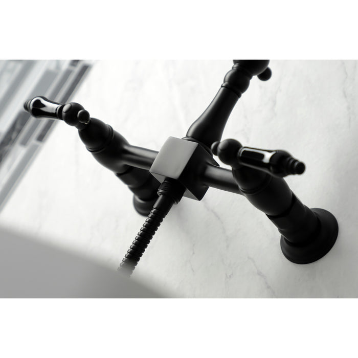 Kingston Heirloom KS1260PKLBS - Duchess Two-Handle 3-Hole Wall Mount Bridge Kitchen Faucet with Brass Sprayer, Matte Black