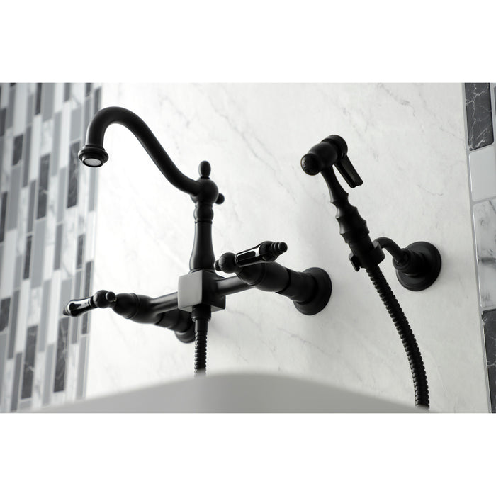 Kingston Heirloom KS1260PKLBS - Duchess Two-Handle 3-Hole Wall Mount Bridge Kitchen Faucet with Brass Sprayer, Matte Black