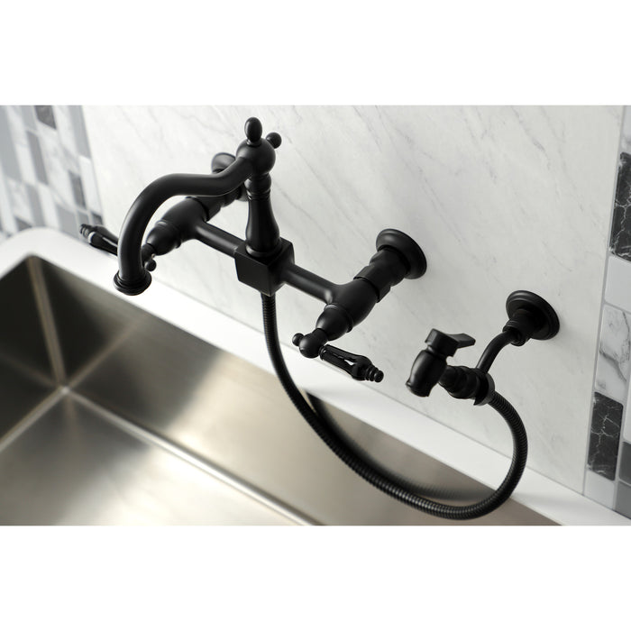 Kingston Heirloom KS1260PKLBS - Duchess Two-Handle 3-Hole Wall Mount Bridge Kitchen Faucet with Brass Sprayer, Matte Black