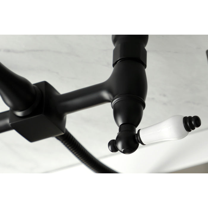 Heritage KS1260PLBS Double-Handle 3-Hole Wall-Mount Bridge Kitchen Faucet with Brass Sprayer, Matte Black