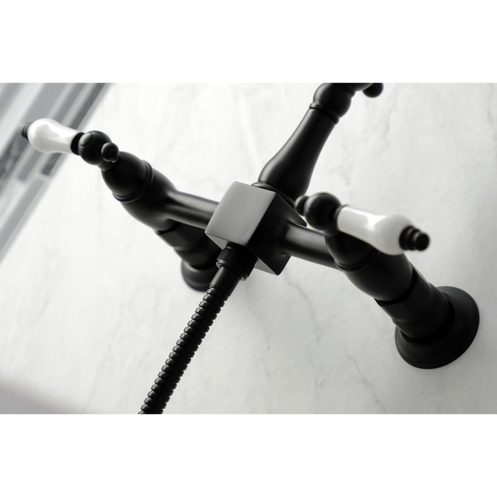 Heritage KS1260PLBS Double-Handle 3-Hole Wall-Mount Bridge Kitchen Faucet with Brass Sprayer, Matte Black