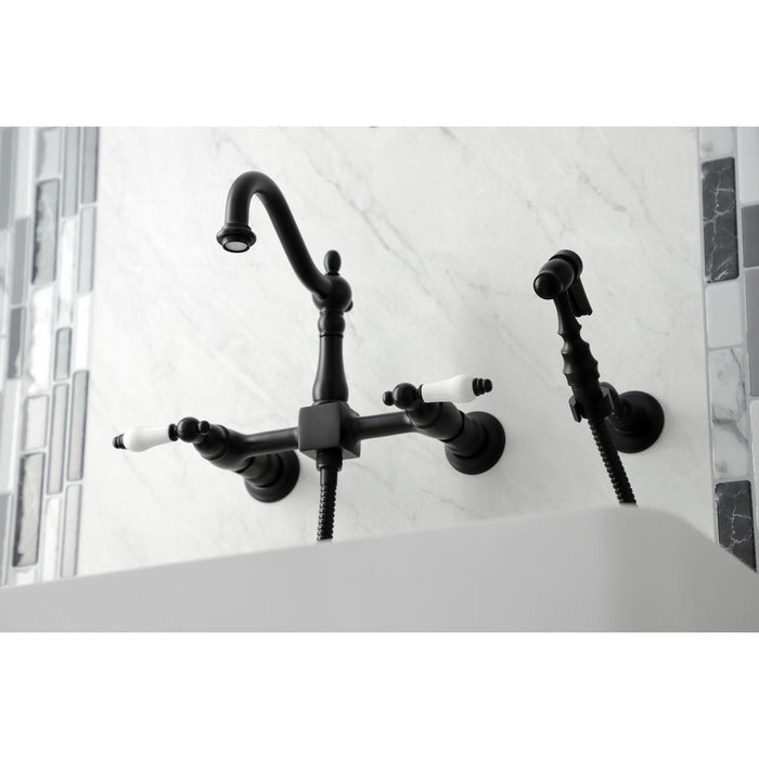 Heritage KS1260PLBS Double-Handle 3-Hole Wall-Mount Bridge Kitchen Faucet with Brass Sprayer, Matte Black