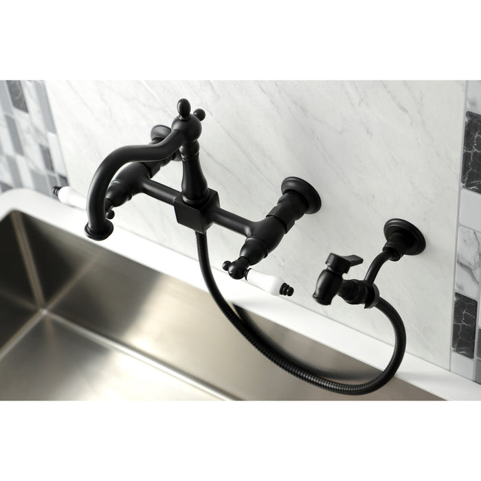 Heritage KS1260PLBS Double-Handle 3-Hole Wall-Mount Bridge Kitchen Faucet with Brass Sprayer, Matte Black