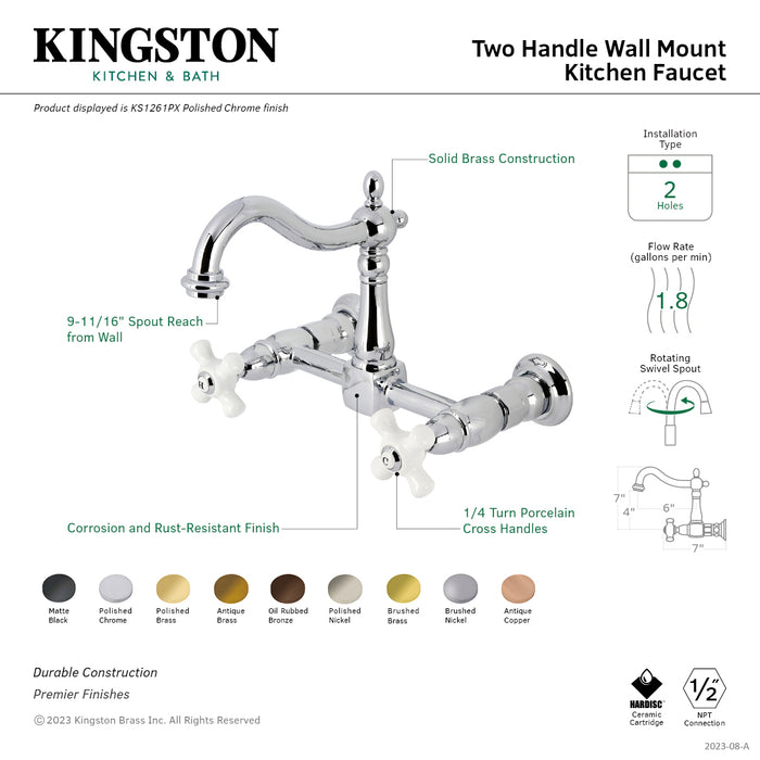 Kingston Heirloom KS1260PX - Heritage Two-Handle 2-Hole Wall Mount Bridge Kitchen Faucet, Matte Black