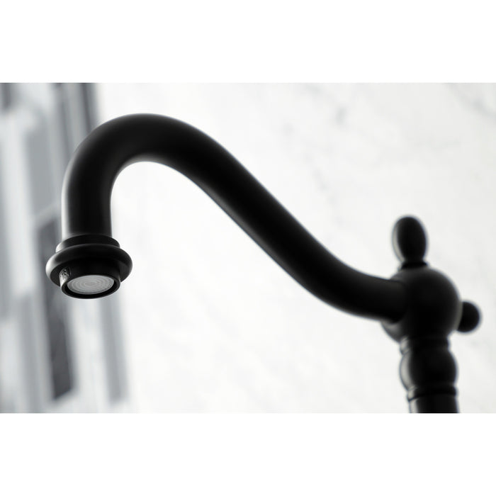 Kingston Heirloom KS1260PXBS - Heritage Two-Handle 3-Hole Wall Mount Bridge Kitchen Faucet with Brass Sprayer, Matte Black