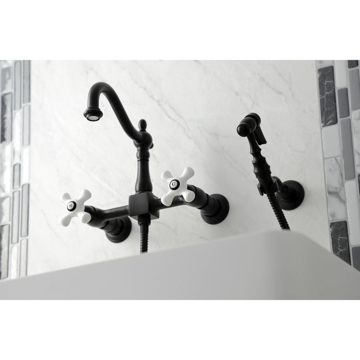 Kingston Heirloom KS1260PXBS - Heritage Two-Handle 3-Hole Wall Mount Bridge Kitchen Faucet with Brass Sprayer, Matte Black