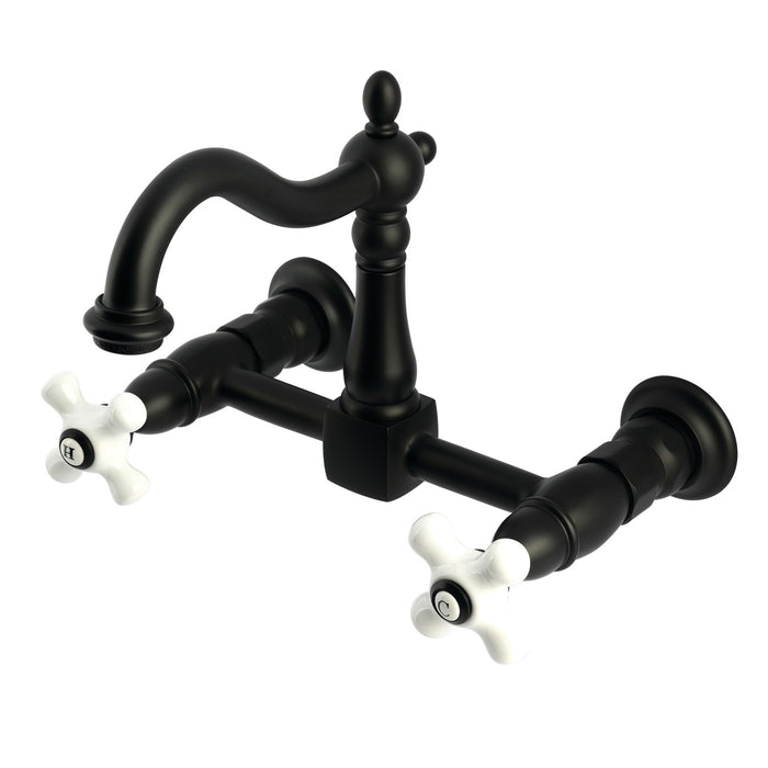 Kingston Heirloom KS1260PX - Heritage Two-Handle 2-Hole Wall Mount Bridge Kitchen Faucet, Matte Black