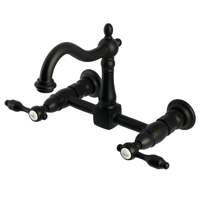 Kingston Heirloom KS1260TAL - Tudor Two-Handle 2-Hole Wall Mount Bridge Kitchen Faucet, Matte Black