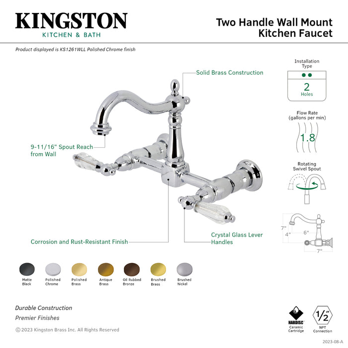 Kingston Heirloom KS1260WLL - Willshire Two-Handle 2-Hole Wall Mount Bridge Kitchen Faucet, Matte Black