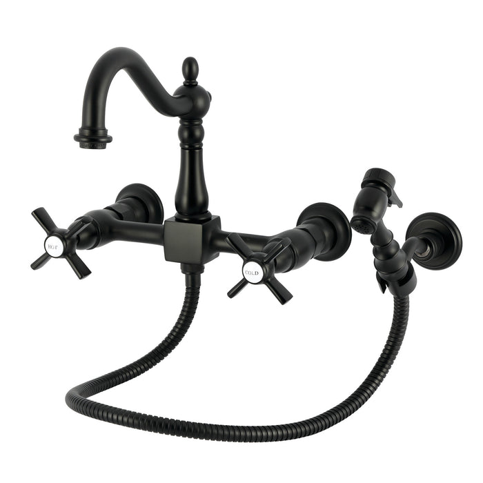 Kingston Heirloom KS1260ZXBS - Millennium Two-Handle 3-Hole Wall Mount Bridge Kitchen Faucet with Brass Sprayer, Matte Black